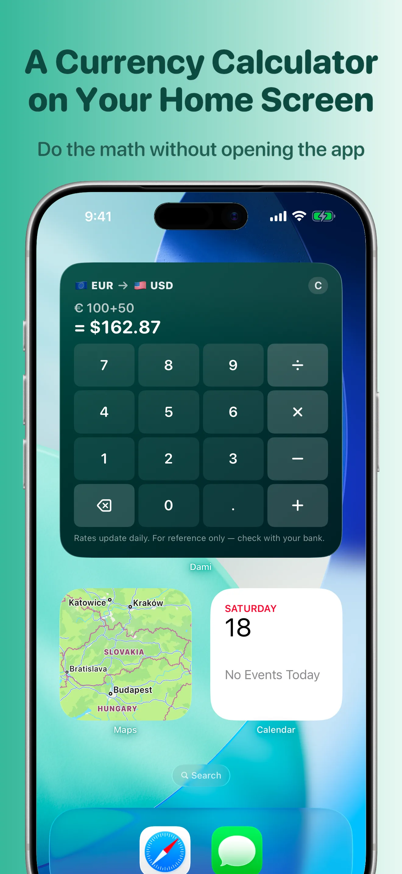 Dami large Home Screen widget — an interactive currency calculator with a keypad, usable without opening the app