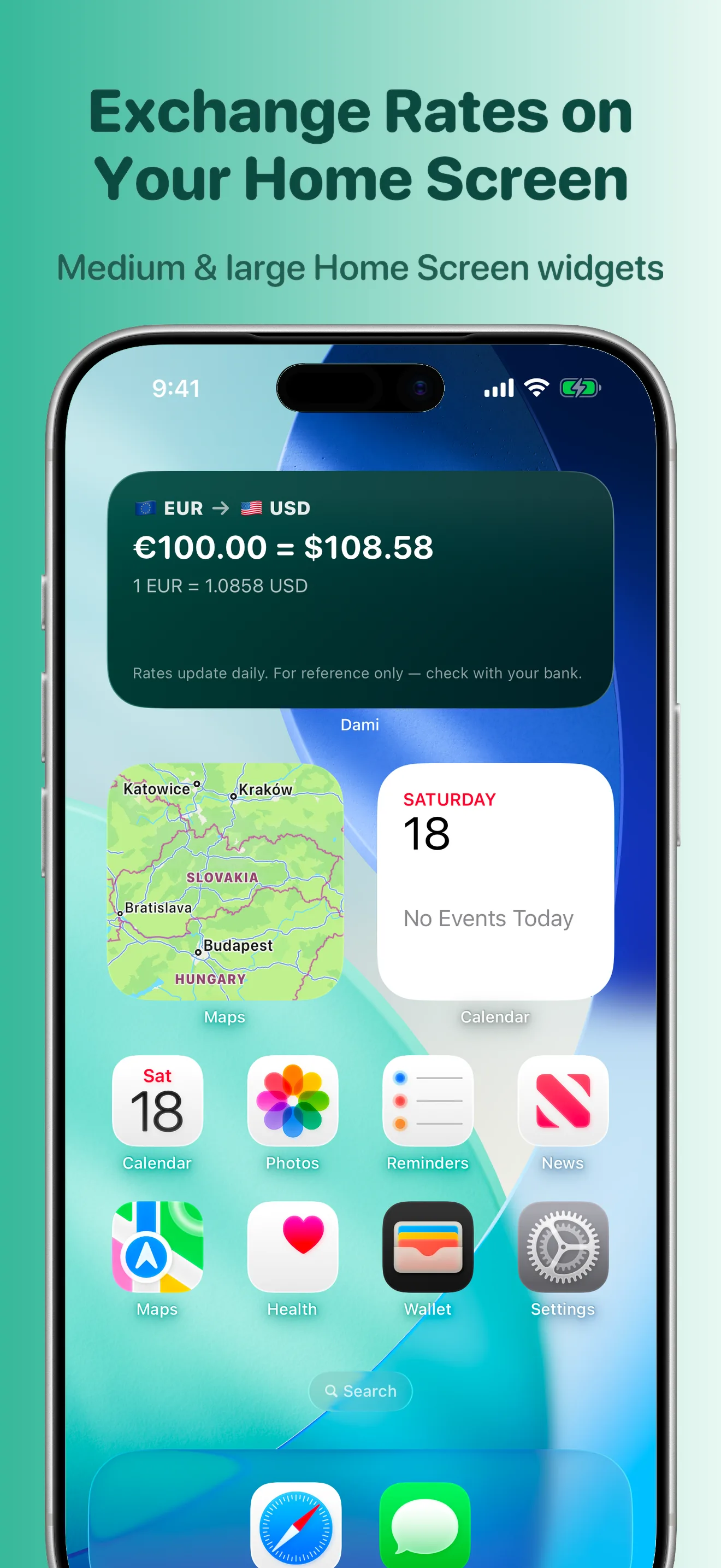 Dami medium Home Screen widget showing the EUR to USD conversion and how fresh the exchange rate is