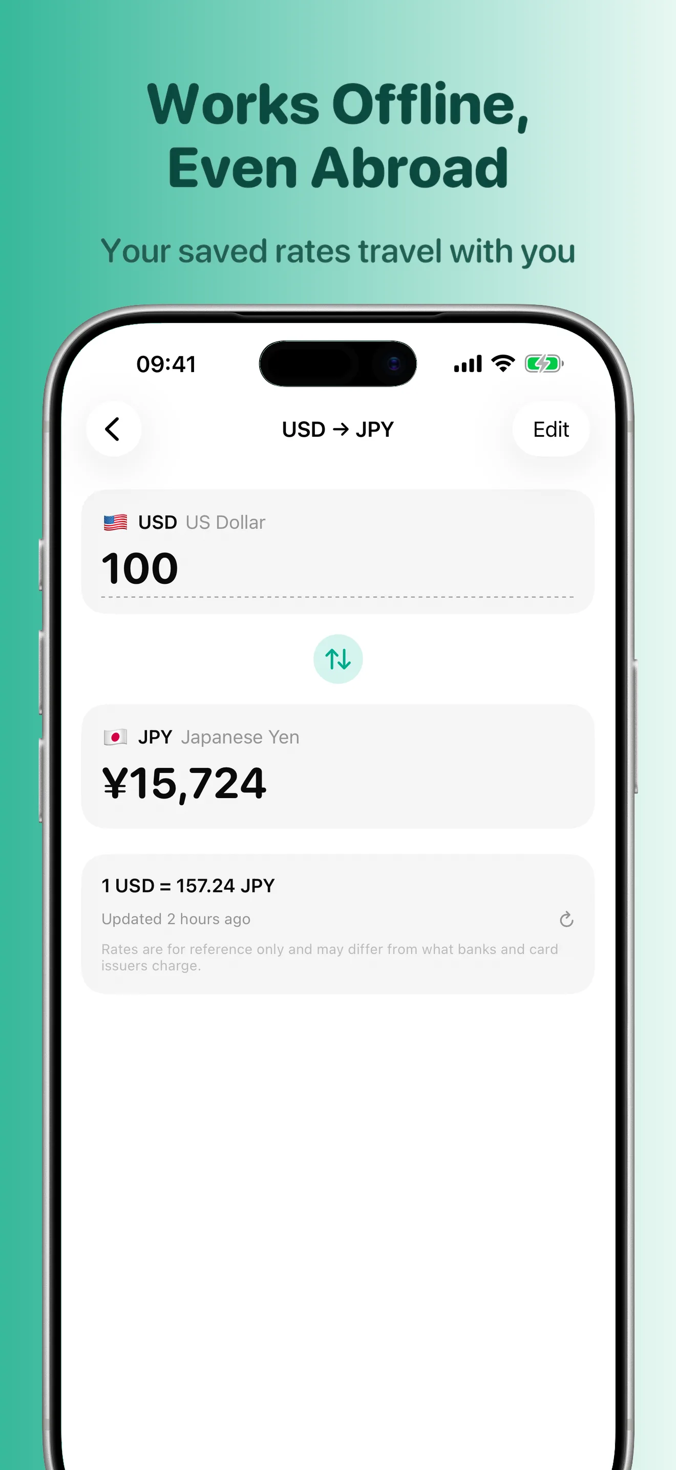 Dami currency pair detail view with a clearly timestamped cached exchange rate — conversions keep working offline
