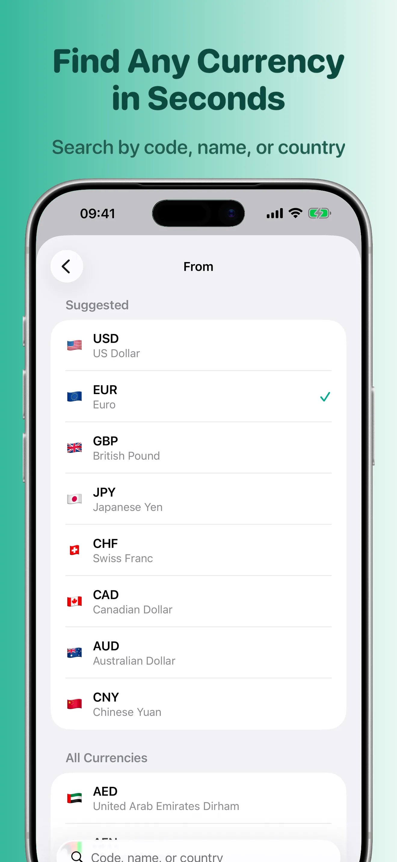 Dami currency picker searching over 150 currencies by code, name, or country, with flags